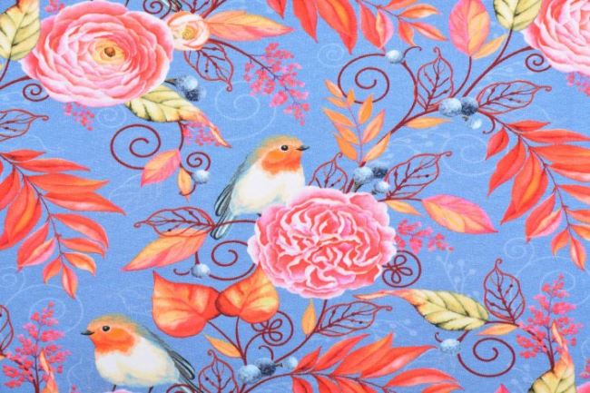 Bavlnený úplet v modrej farbe s digitálnou potlačou kvetín a vtáčikov 62332