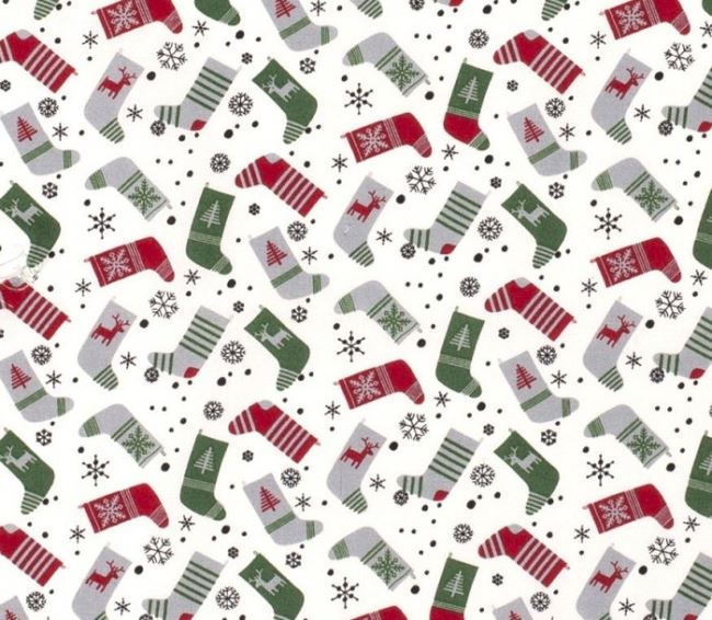 Vianočná látka z bavlny v smotanovej farbe s potlačou vianočných pančúch 16719/051