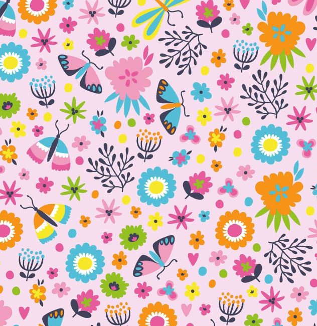 Bavlnený úplet vo svetlorúzovej farbe s potlačou neónových kvetín a motýlikov 7614/011