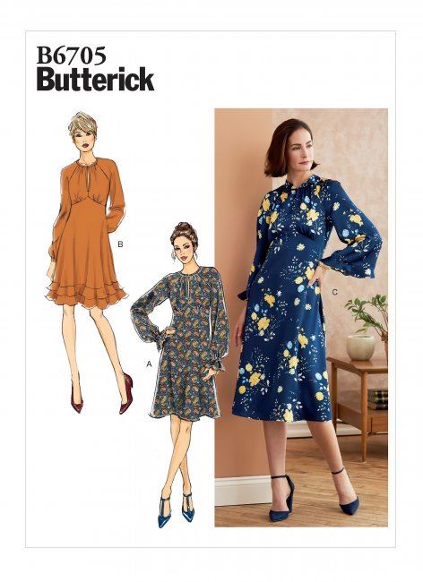 Strih Butterick na dámske šaty s riasením vo veľkosti 44-52 B6705-E5