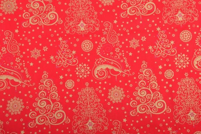 Vianočná látka z bavlny v červenej farbe s ornamentmi 12706/015