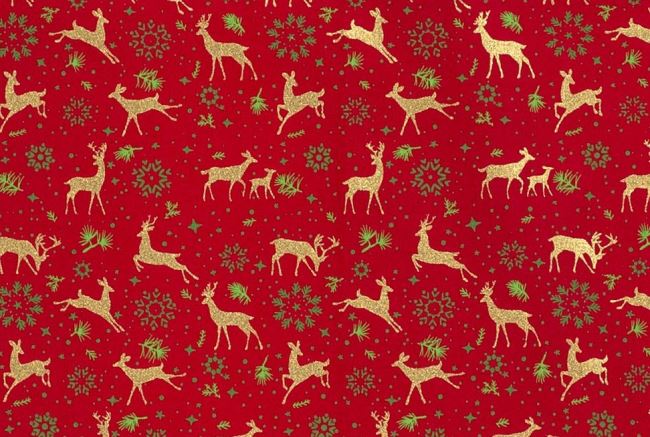 Vianočná látka z bavlny v červenej farbe s potlačou jeleňov 16722/015