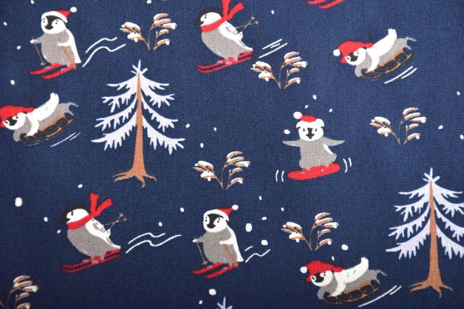 Vianočná látka z bavlny v modrej farbe s potlačou tučniakov K15025-008D