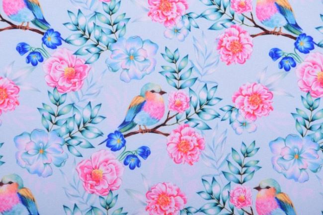 Softshell v modrej farbe s potlačou vtáčikov a kvetín 13140/004