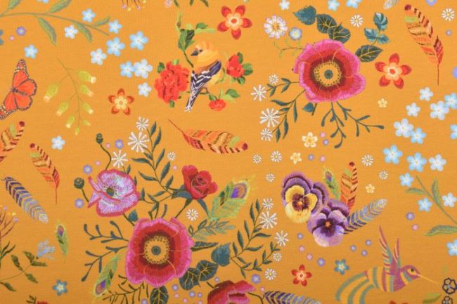 Bavlnený úplet v horčičnej farbe s digitálnym kvetinovým vzorom 16337/570