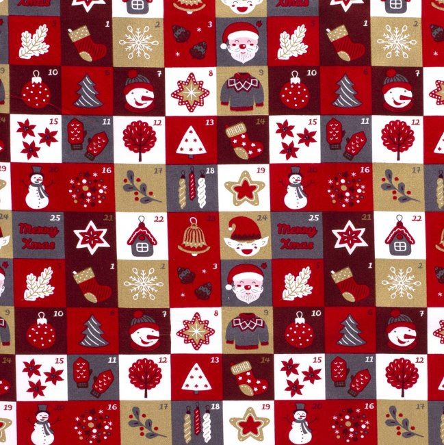 Vianočná látka z bavlny v červenej farbe s potlačou adventného kalendára 14712/015