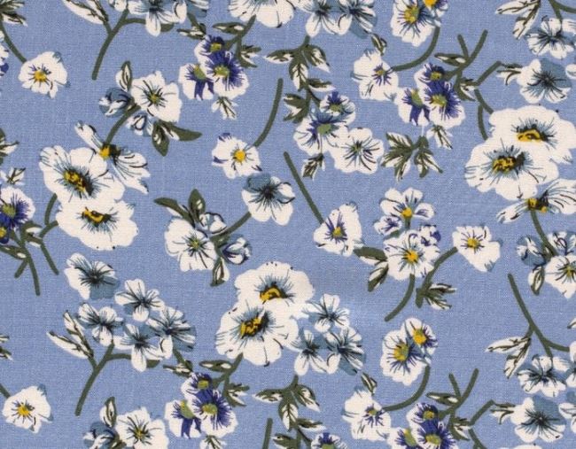 Viskózová pružná látka v modrej farbe s potlačou drobných kvetov 13363/003