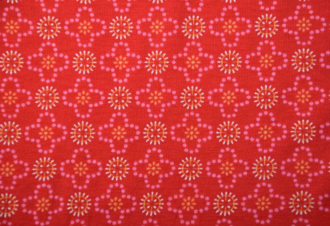 Bavlnený úplet v červenej farbe s potlačou kvetov TG26076