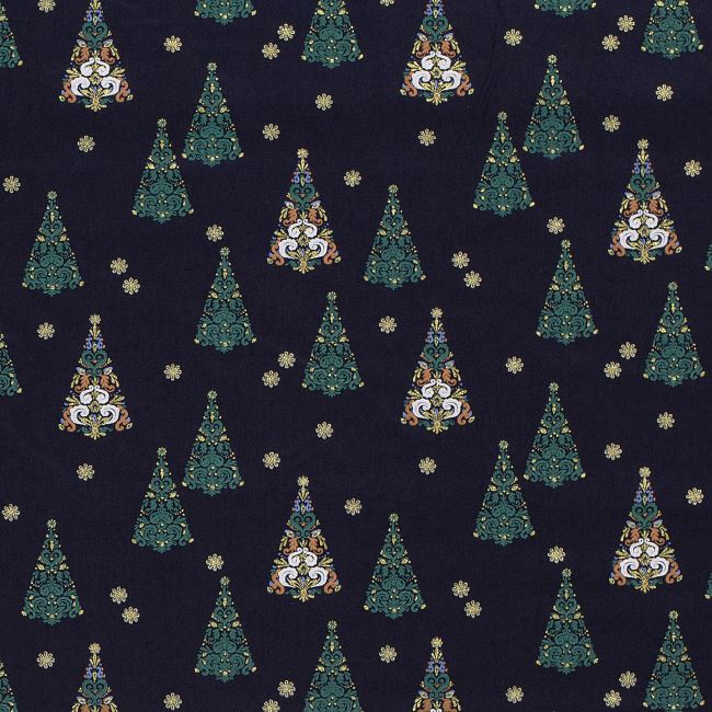 Vianočná látka z bavlny v modrej farbe s potlačou ozdobných stromčekov 20742/008