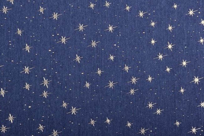 Košeľová džínsovina v tmavo modrej farbe s potlačou strieborných hviezd 10020/008